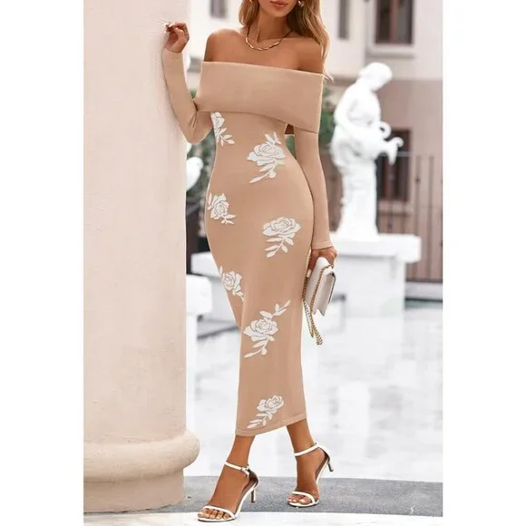 Women Off Shoulder Bodycon Sweater Dress Long Sleeve Party Midi Dress Khaki - Picture 6 of 9
